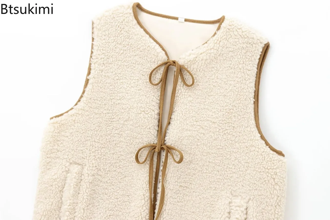 2025 Autumn Winter Stylish Fleece Bow Tie Sleeveless Round Neck Simple Casual Vest for Women Loose Lace Up Cardigan Waistcoat