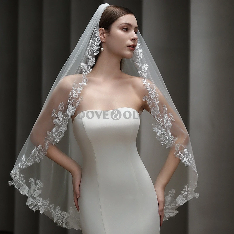100cm Wedding veil for Brides One Layer with Comb Soft Tulle Lace Appliques Bridal Veils Headpiece Short Wedding Veils