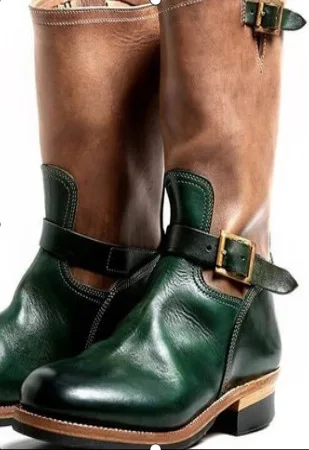 Retro Outdoor Western Cowboy Stiefel Mittelhoch Rund Mittelalterliche Motorradstiefel für Herren Trendige PU-Leder Schnallenstiefel – Detail 8