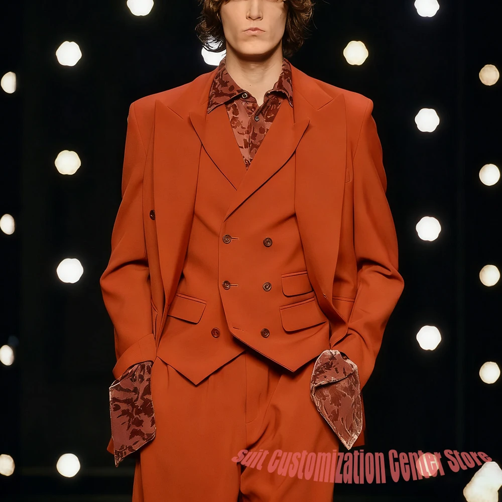 

Элегантный мужской костюм оранжевого цвета, комплект из 3 предметов (куртка + жилет + брюки), двубортный пиджак с остроконечными лацканами, официальный наряд для свадебной вечеринки