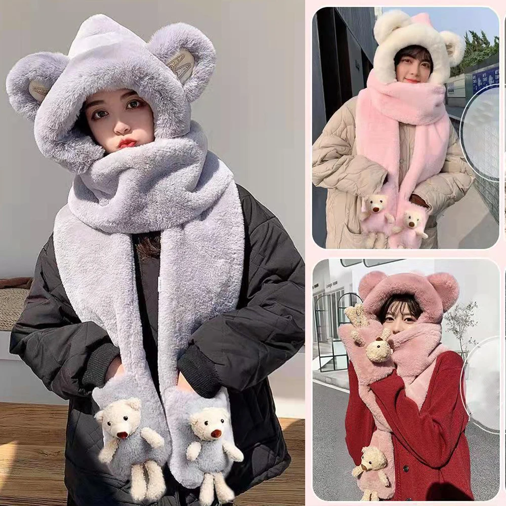 Cute 3-in-1 Plush Hat Scarf Windproof Ear Protection Ear Protection Cap Warm Winter Three-piece Hooded Adults And Children