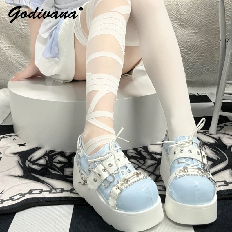 Little Angel Bone Original Style Subculture Y2K Platform Shoes Punk Round Toe Hot Girl Leather Pump Shoes