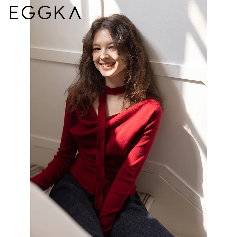 EGGKA Swing COLLAR สีแดงเสื้อแขนยาวผู้หญิงฤดูใบไม้ร่วงเสื้อถัก SLIM FIT เสื้อสไตล์เกาหลีหญิงเดินทางถักเสื้อ