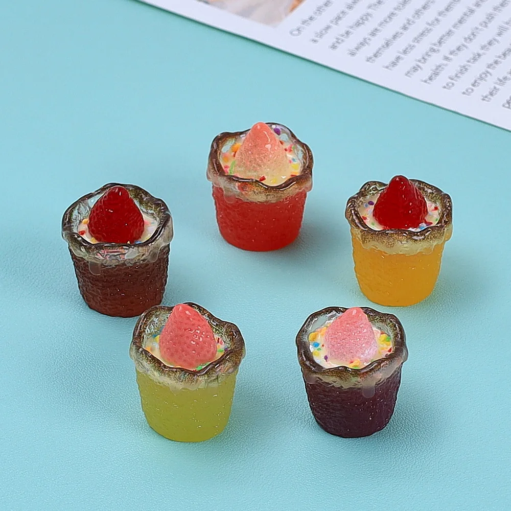 5Pcs Strawberry Pudding Cup Resin Decor Charms 3D Simulation Food Ornament DIY Scrapbooking Jewelry Making Dollhouse Accessories
