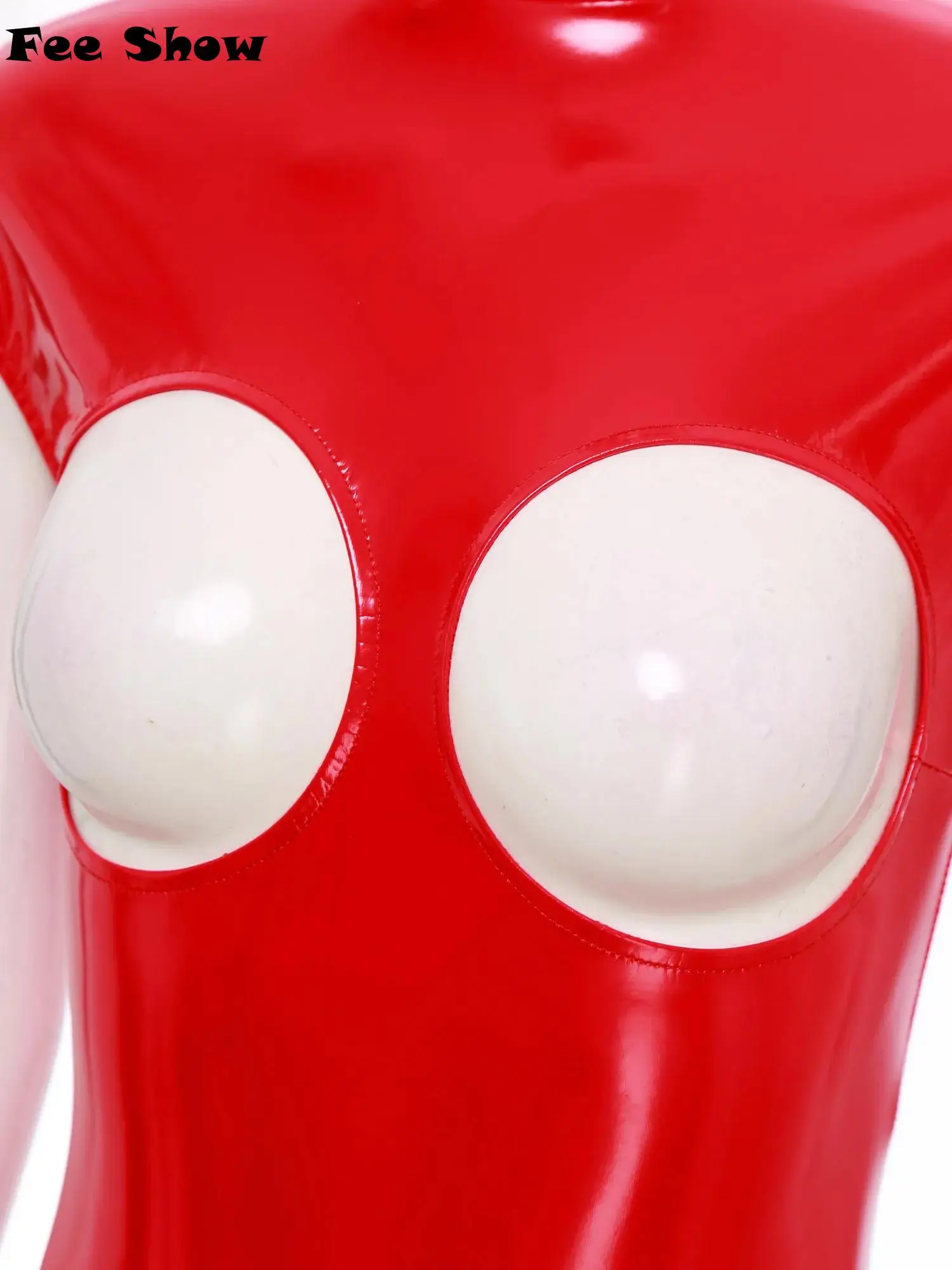 

Womens Glossy Patent Leather Bodysuit Mock Neck Sleeveless Hollow Out Cup Open Crotch Leotard with Garters Clips Nightwear