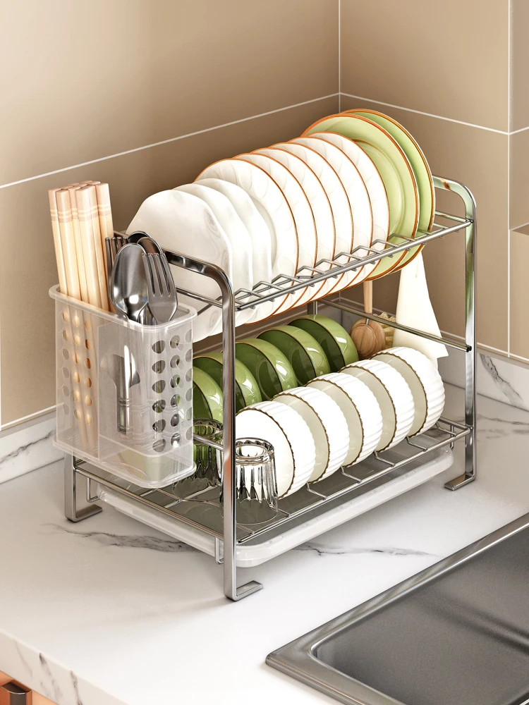 

Double Layer Kitchen Bowl Plate Ra Storage elf 304 Stainl Steel Drain Design No Drilling Required Kitchen Organizer