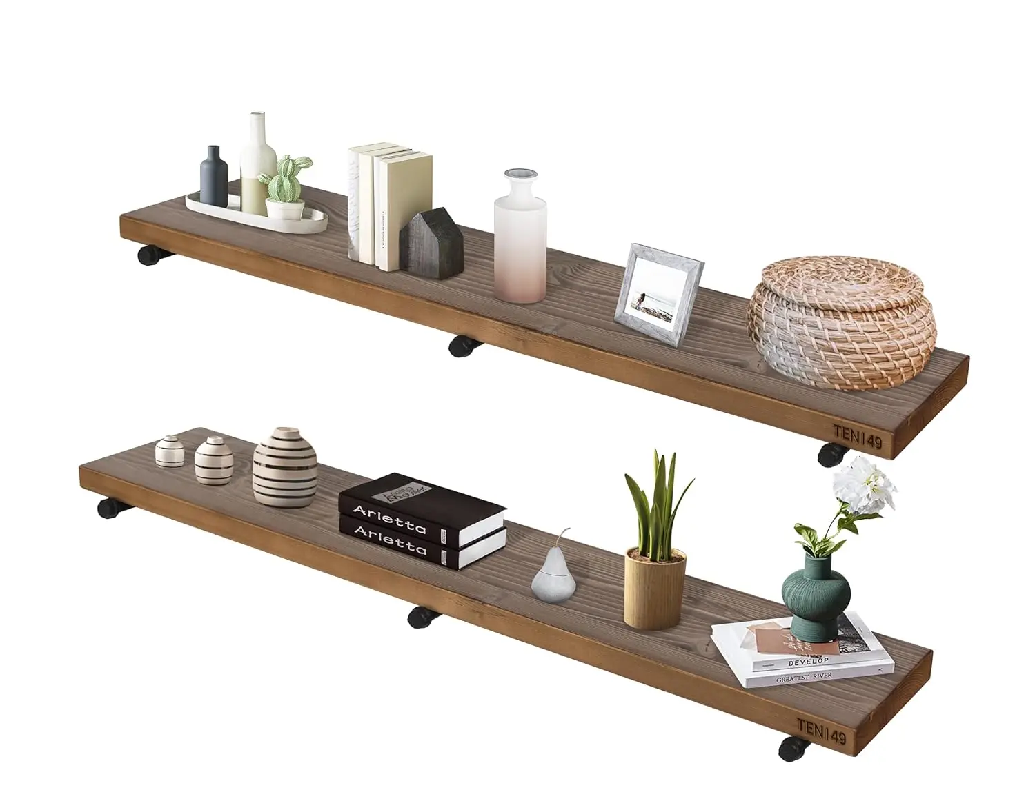 Real Wooden Shelving w 1.8" Extra Thickness Modern Interior Decor Floating Shelves Pipe Brackets -Farmhouse Style Bookshelf