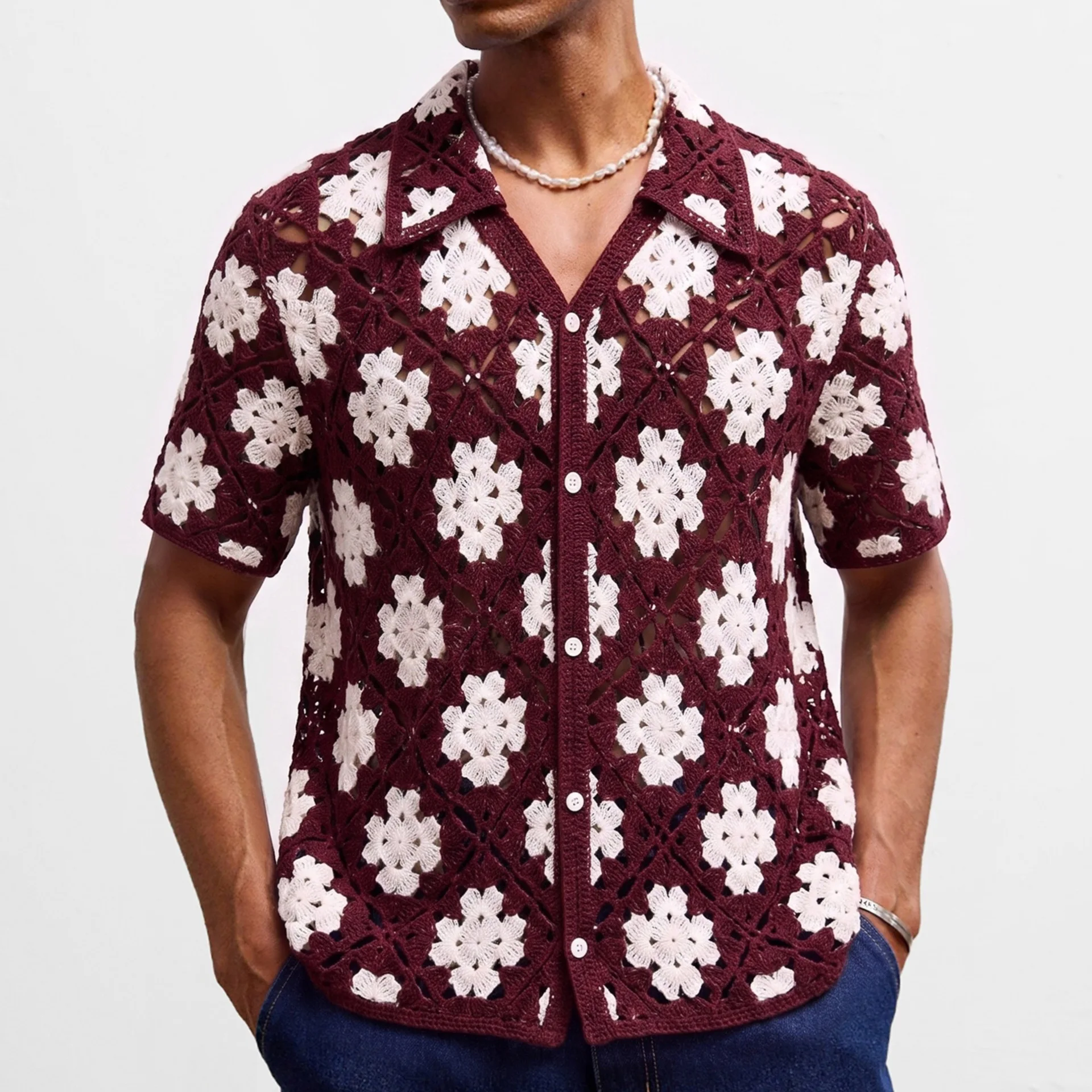 Hook flower hollow loose shoulder knitted shirt, summer casual cardigan, jacquard polo shirt, men's luxury fashion top jacket