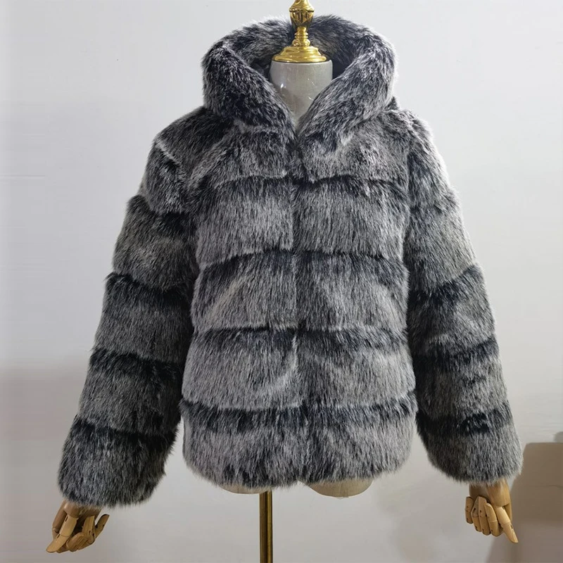 

High Quality Furry Silver Fox Faux Fur Coats and Jackets Women Fluffy Coat Hooded Thick Warm Winter Fur Jacket Manteau Femme