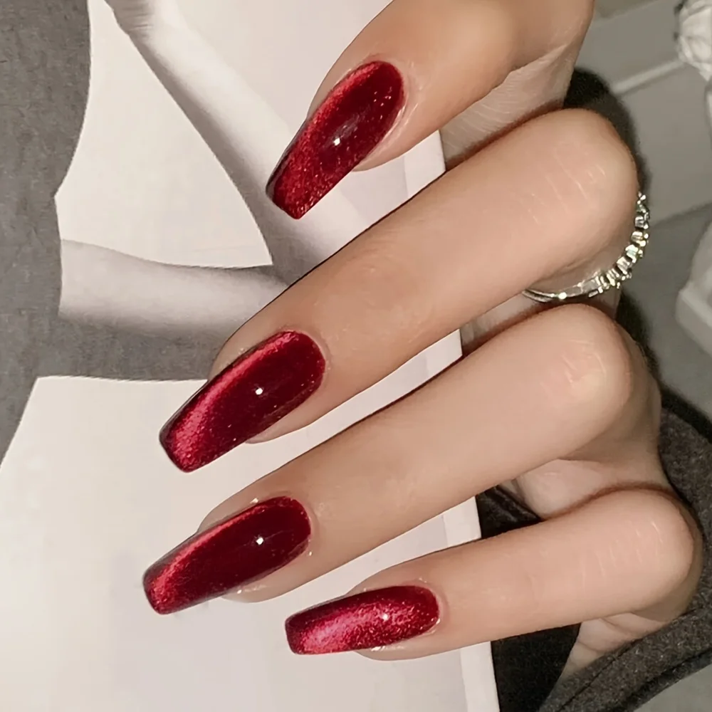 

24pcs/box Semi-handmade Red Cat Eye Press On Nails, Glossy Long Ballerina Fake Nails, Sparkling False Nails For Women Girls Part