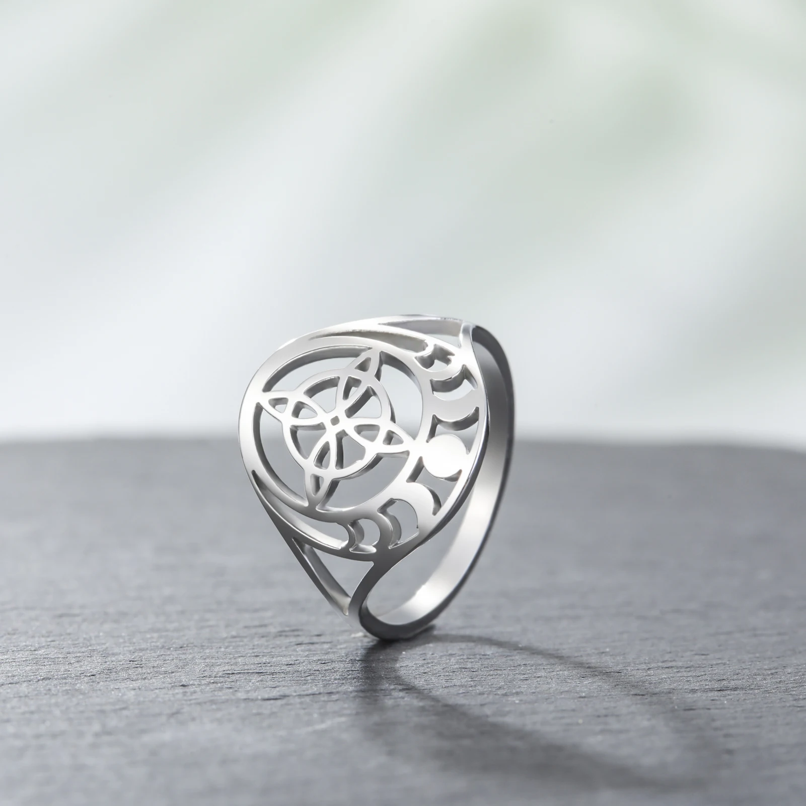 Mondphase Retro Hexenknoten Damenring Edelstahl Hexerei Wikinger Keltischer Knoten Ring Paar Talisman Schmuck Geschenk