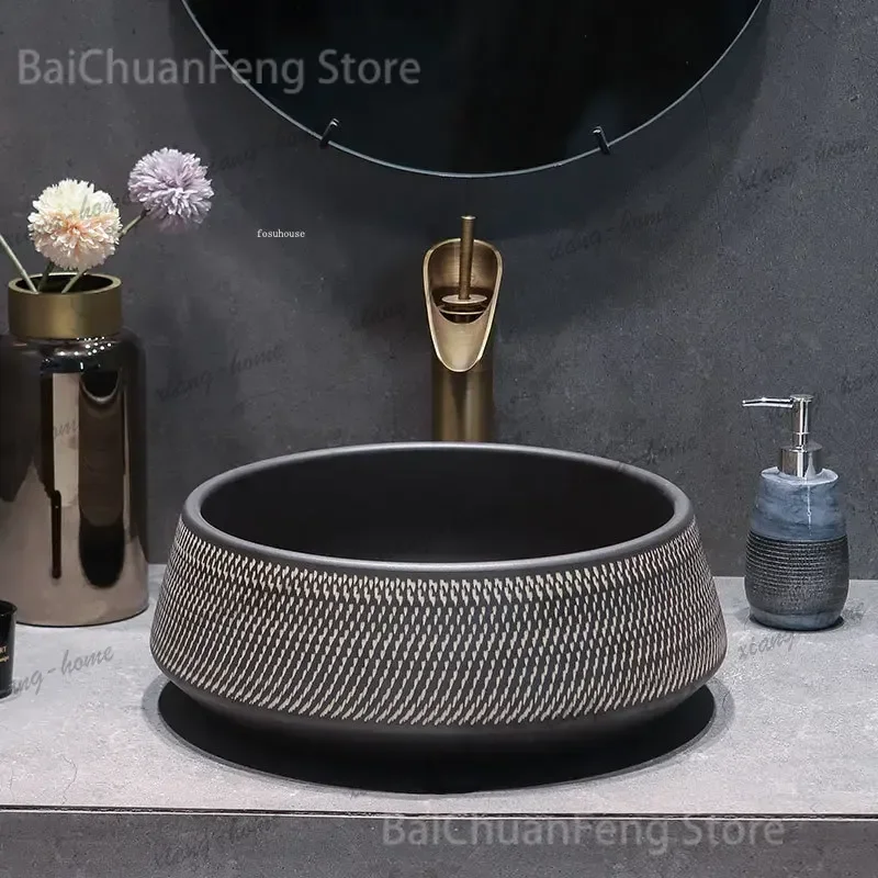 PG Contemporary Painting Platform Basin Art Circular Vessel Ceramic Bathroom Sinks Single Side Pedestal Home Modern Decorative