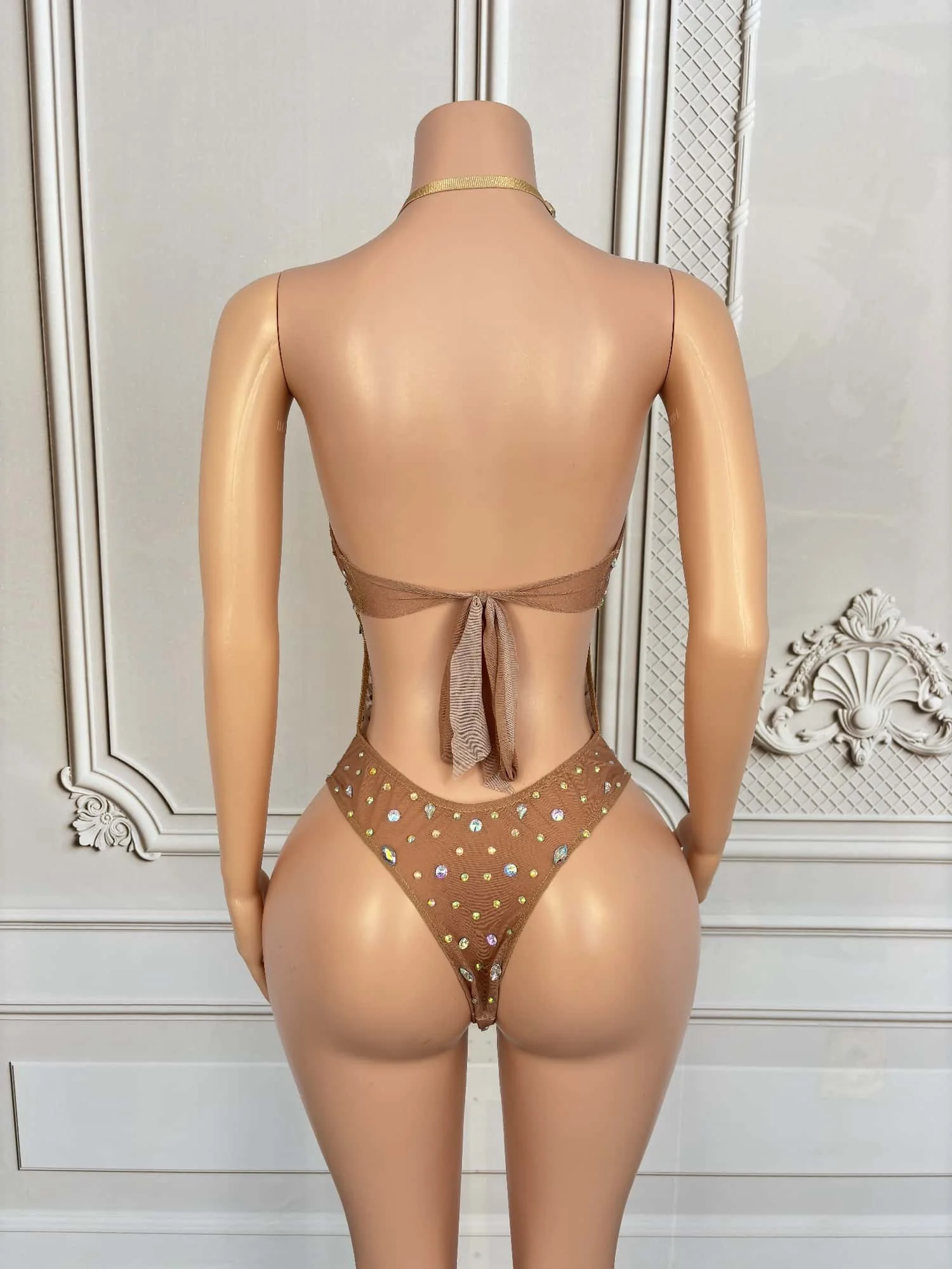 Beach Bikini Style Sexy Strap Backless Bodysuit Summer Party Sparkly Rhinestone Tight Fitting Outfit Hot Women Costume Binghua