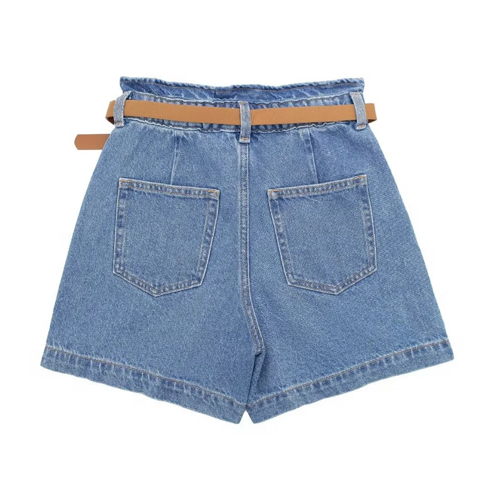 PB&ZA2024 Summer New Fashion Casual Women\'s Wear Solid Color Versatile High Waist Pocket Decoration with Belt Shorts