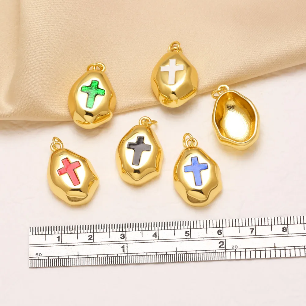 OCESRIO Colorful Enamel Cross Irregular Nugget Necklace Pendant Copper Gold Plated Catholic Jewelry Making Supplies pdtb107