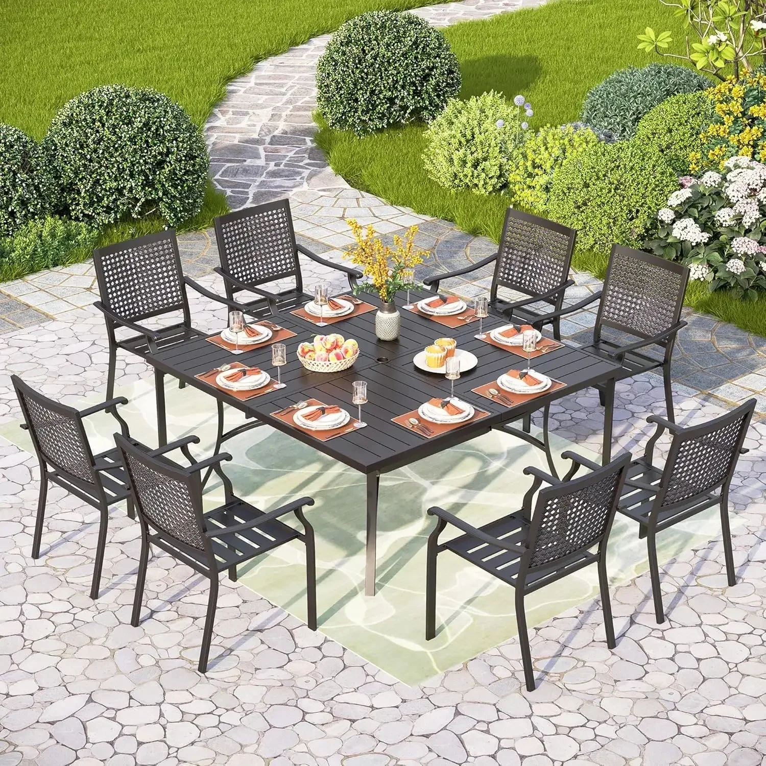 9 Pces Patio Dining Table Set for 8, 60”Square Metal Wrought Iron Dining Table & Chair, Large Dining Furniture Set