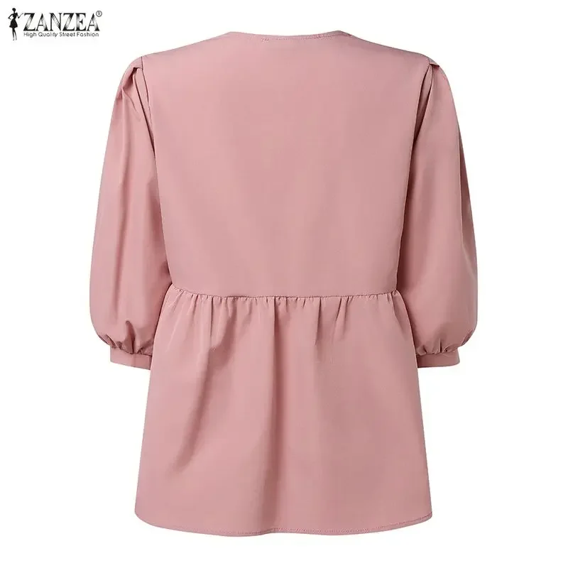 

Женская блузка ZANZEA с рюшами, летняя, 2026, сексуальная, элегантная, с V-образным вырезом, рукав 3/4, повседневная, однотонная, туника, свободная, для офиса, женская блуза