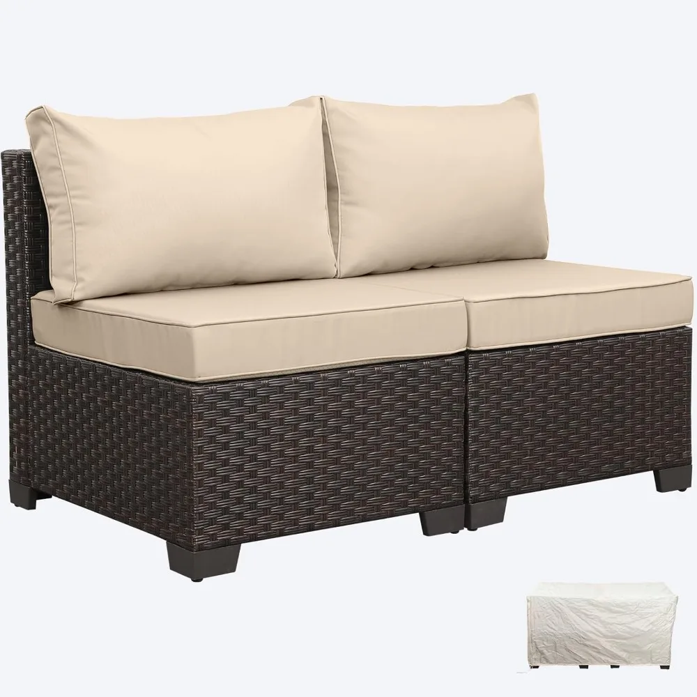 

Outdoor PE Willow Terrace Furniture Set 2-piece set without armchairs Brown rattan sofa with khaki cushion