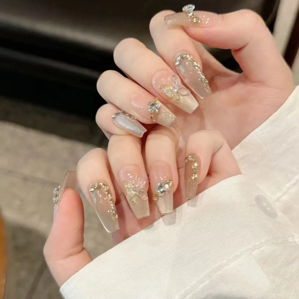 Handmade Champagne French Butterfly Cat Eye Press On Nails Luxury Elegant Reusable Nail