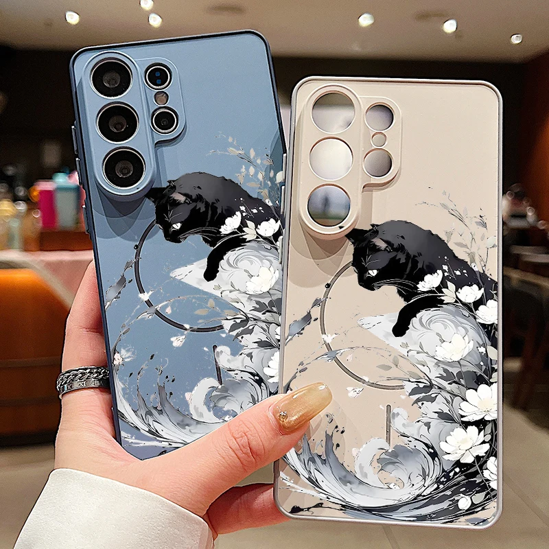 Magnetische Handyhülle für Samsung Galaxy S26 S25 Ultra S24 S23 FE A17 A57 A56 A37 A16 A35 A55 A15 A36 A25 Schwarze Katze Harte PC-Abdeckung