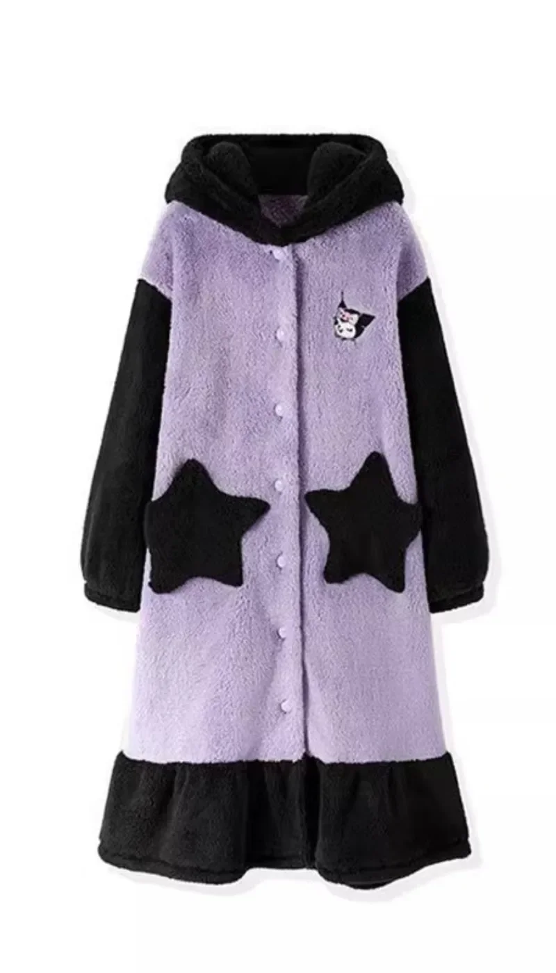 Kawaii Sanrio Kuromi Pajamas Robes Cute Cartoon Flannel Sleepwear Girls Thickened Warm Loungewear Women Autumn Winter Clothes