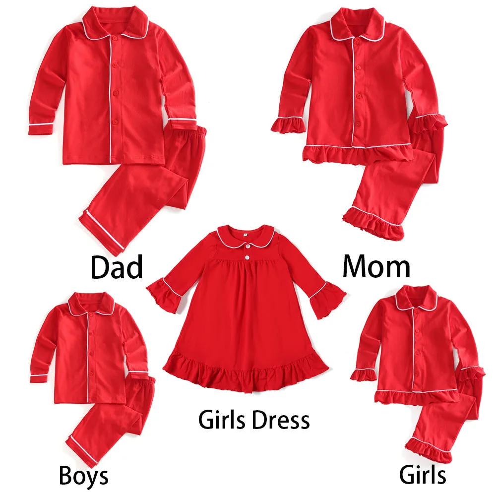 Hot Sale Family Matching Outfits Boys And Girls Ruffle Pajamas Red Solid Cotton Long Sleeve Baby Button Kids Pyjamas Sets