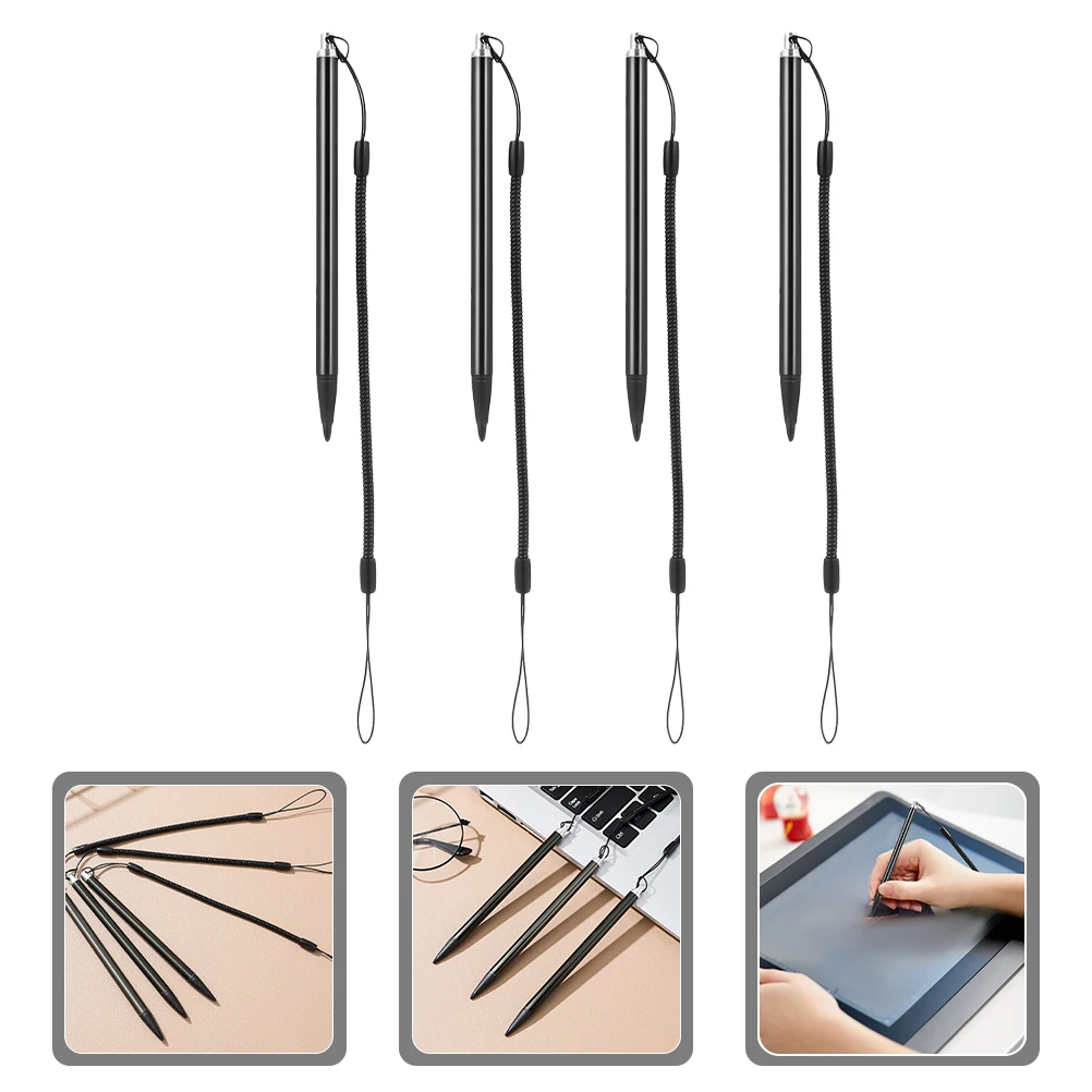 

4 Pcs Screen Stylus Black Lanyard Spring Precision Touch Smooth Touch Pen With Spring Rope Writing Antiloss Mesh Fiber Tips