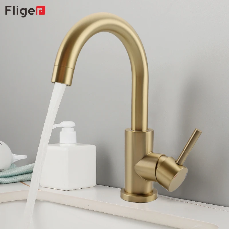 Fliger Gold Basin Faucet Stainless Steel Bathroom Faucet 360 Rotation Sink Faucets Hot Cold Water Sink Mixer Tap Crane