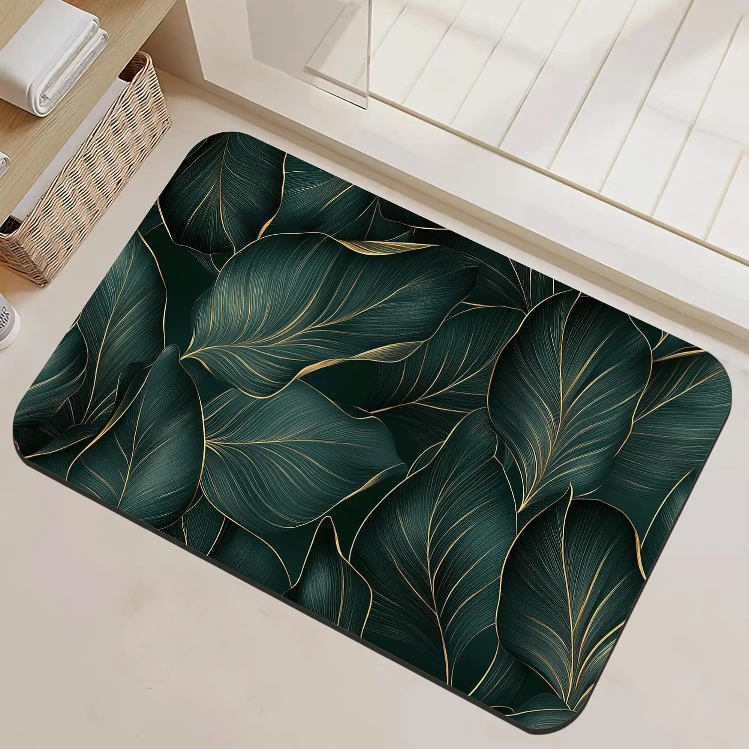 Elegant Tropical Green Leaves Gold Foliage Pattern Area Rug Runner Mat Home Decor Botanical Jungle Living Room Bathroom Accent P