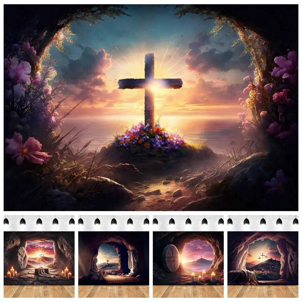 Décor de fond de scène pour Pâques : Croix de Jésus-Christ, Grotte, Tombe, Pierre, Résurrection, Événement Chrétien, Église, Décoration, Fond Photo, Accessoires de Studio Photo