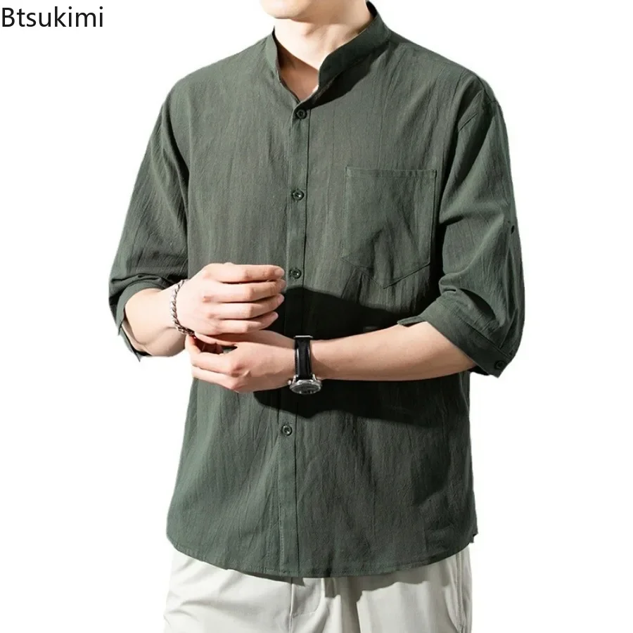 New Men's Lightweight Cotton Linen Shirts Summer Casual Loose Button Up Solid Color Five Quarter Sleeve Shirt for Young Men