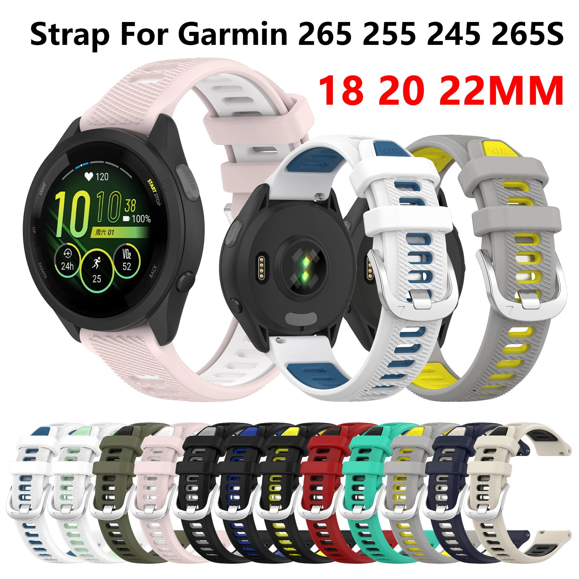 

18 20 22mm Soft Silicone Sport Strap For Garmin Forerunner 265 265s 255 255s 245 645 158/Vivoactive 4/VENU SQ 2 2S 3 3S Bracelet