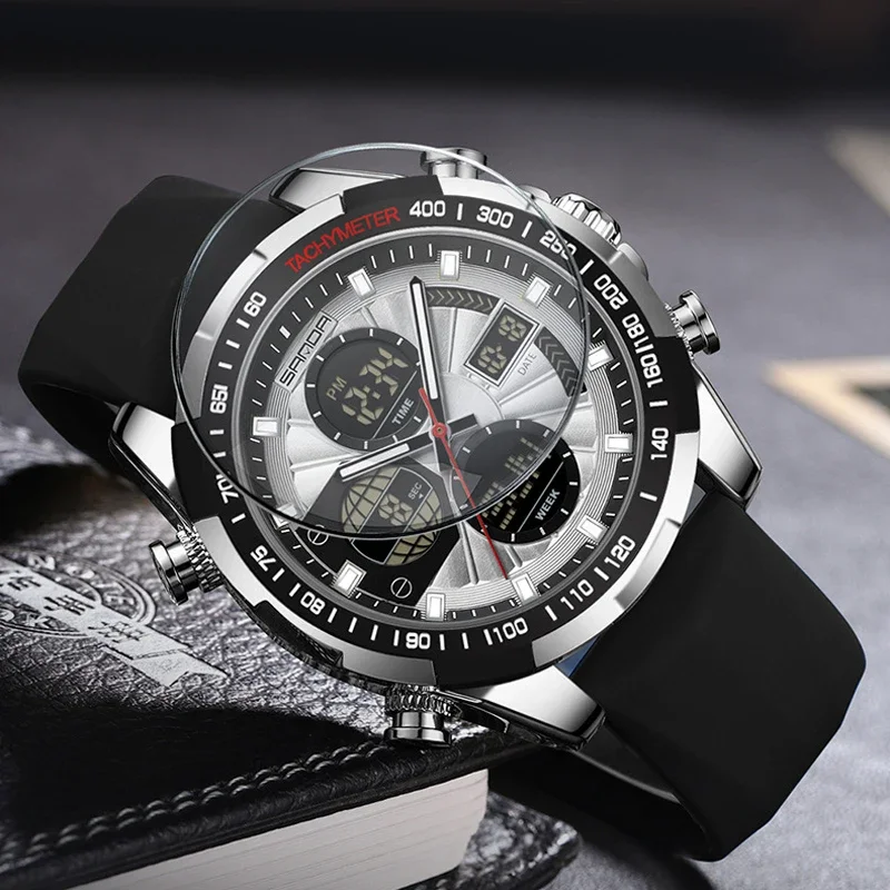 SANDA SD5105 Luxus Dual Display Herrenuhren G-Stil Sport Chronograph Alarm ​ 50 m wasserdichte Quarz-Armbanduhr aus Silikon