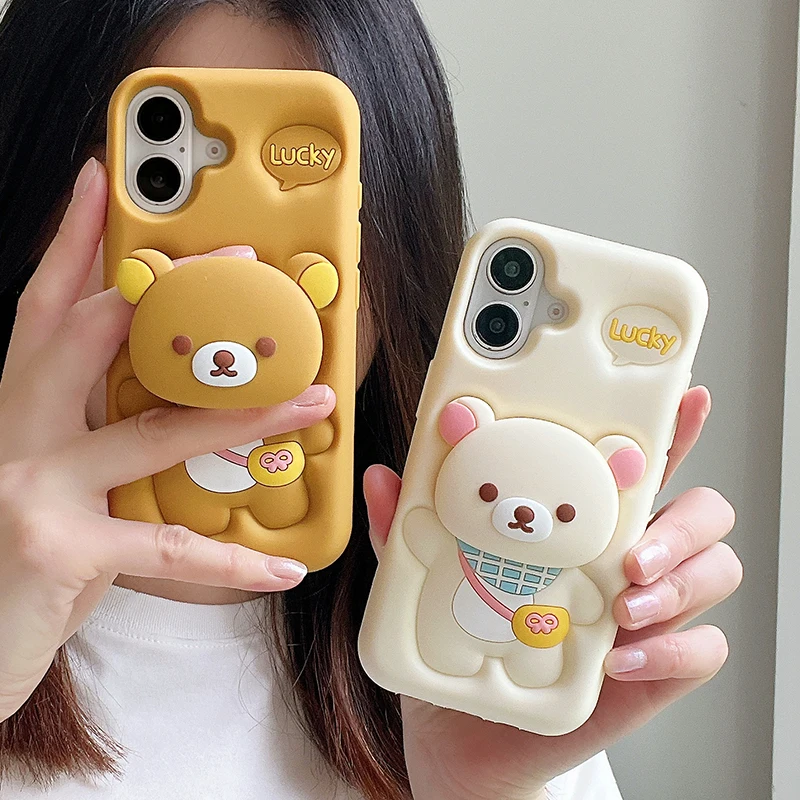 

Korean pop Cartoon Bear fold Holder Silicone Case For iphone 16 pro max INS Cute cover For iphone 15 14 13 12 Pro Max 15promax