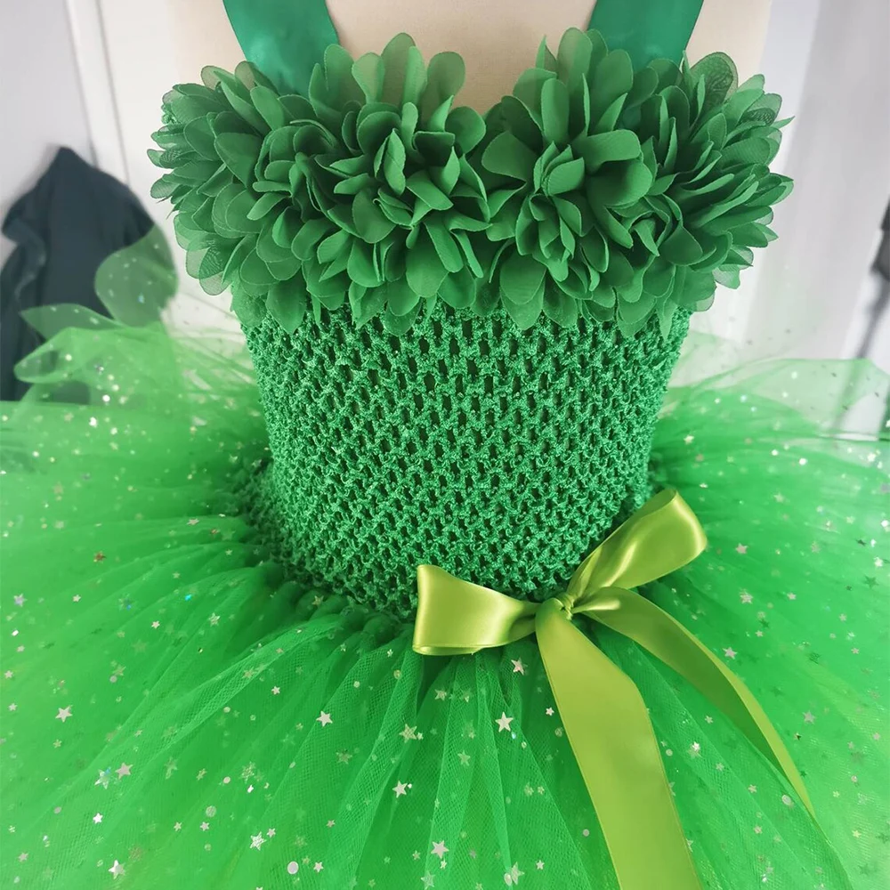 Girls Green Glitter Tutu Dress Kids Flower Fairy Dress with Butterfly Wing Set Children Party Costume Sparkled Stars Dresses