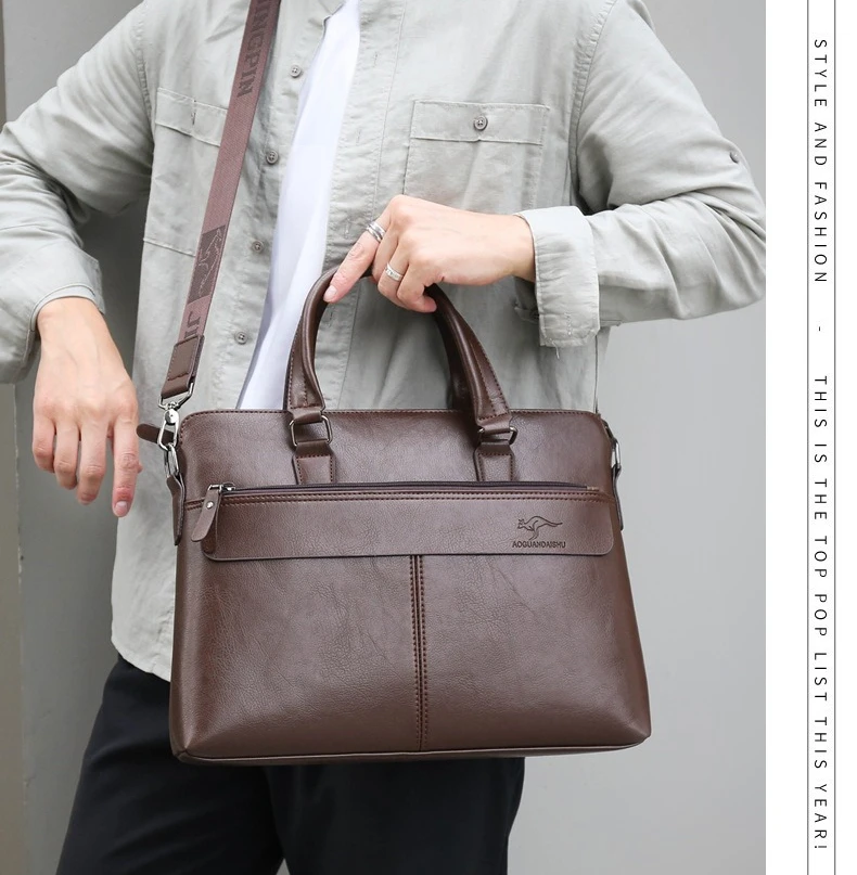 Wear-resistant PU leather men's horizontal square hand-held business briefcase 14-inch computer storage single-shoulder bag