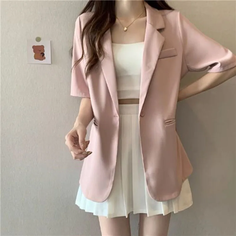 White Short-sleeved Women Summer Chic Single Button Notched Collar Outwear Ladies Korean Loose Office Suit Coat