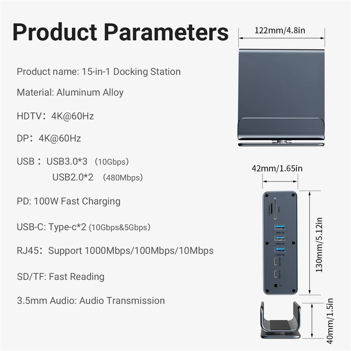 محطة إرساء USB-C جديدة 15 في 1 محور عمودي 4K HD مع شاشة ثلاثية، RJ45 1000M، USB 3.0/2.0، PD 3.0، SD/TF لأجهزة الكمبيوتر المحمول