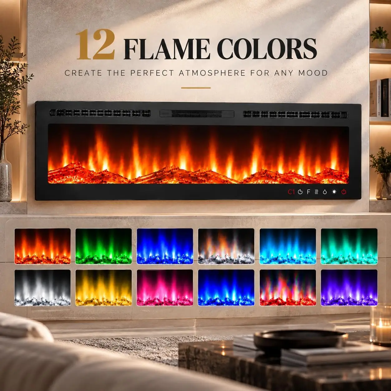 80Inch Electric Fireplace Recessed & Wall Mounted Heater Extra Wide Flame Display 12 Flame Colors 120V /750W/1500W Heating Remote Control Realistic Effects for winter home decor