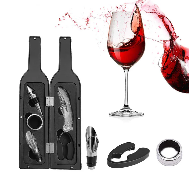 Best Selling Bar Accessories 5 Pieces Wine Tool Set Bottle Shaped Gift Sets Wine Opener Set Metal Silver Promotion 10sets