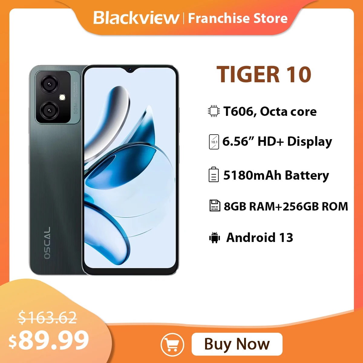 Blackview Oscal TIGER 10 Smartphone 6.56'' HD+ Display Android 13, 50MP Camera 8GB+256GB Octa-Core T606 5180mAh Cellphone