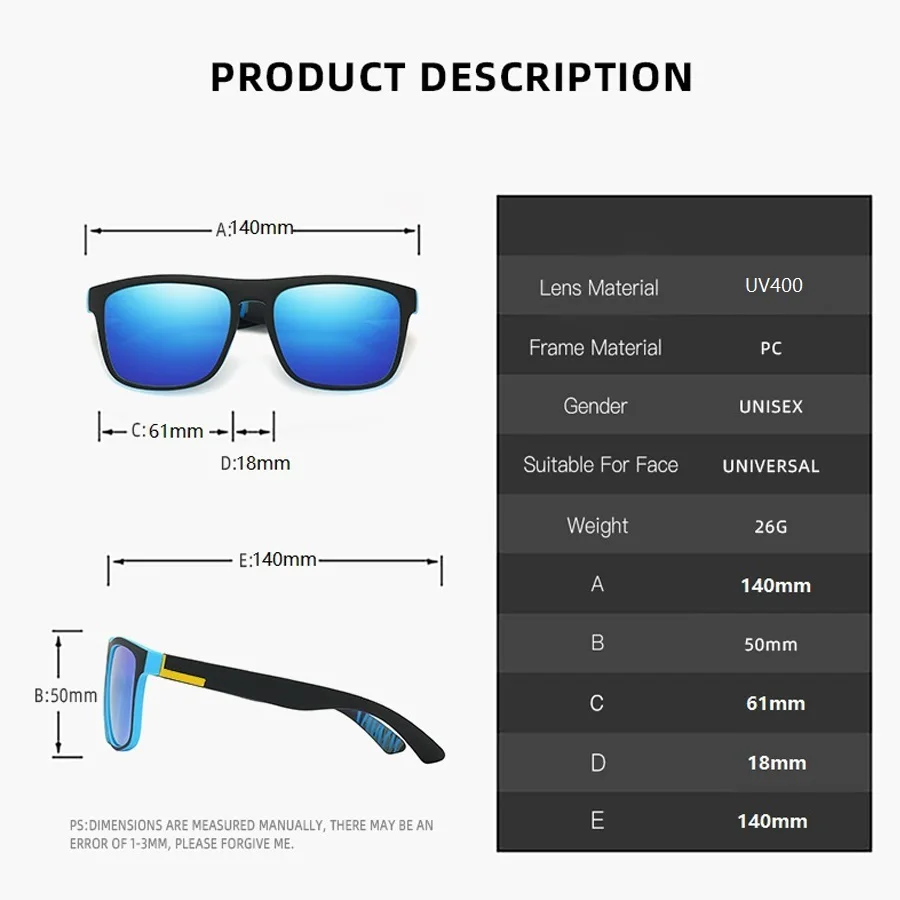2PCS Fashion Classic Square UV400 Sunglasses Men Women Driving Colorful Trendy Lightweight Outdoor Goggles
