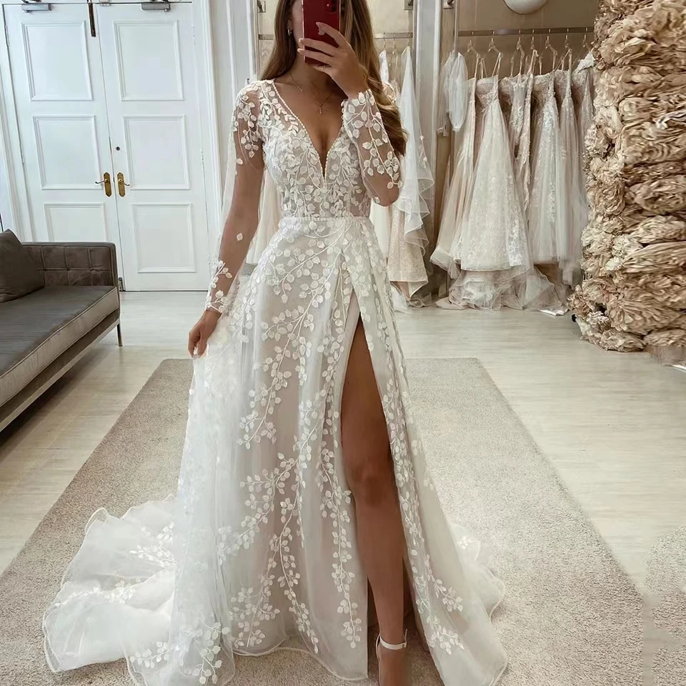 

Gorgeous V Neck Long Sleeves Wedding Dresses Lace Applique Bride Gowns Sexy Split Tulle A Line Sweep Train Vestidos De Novia