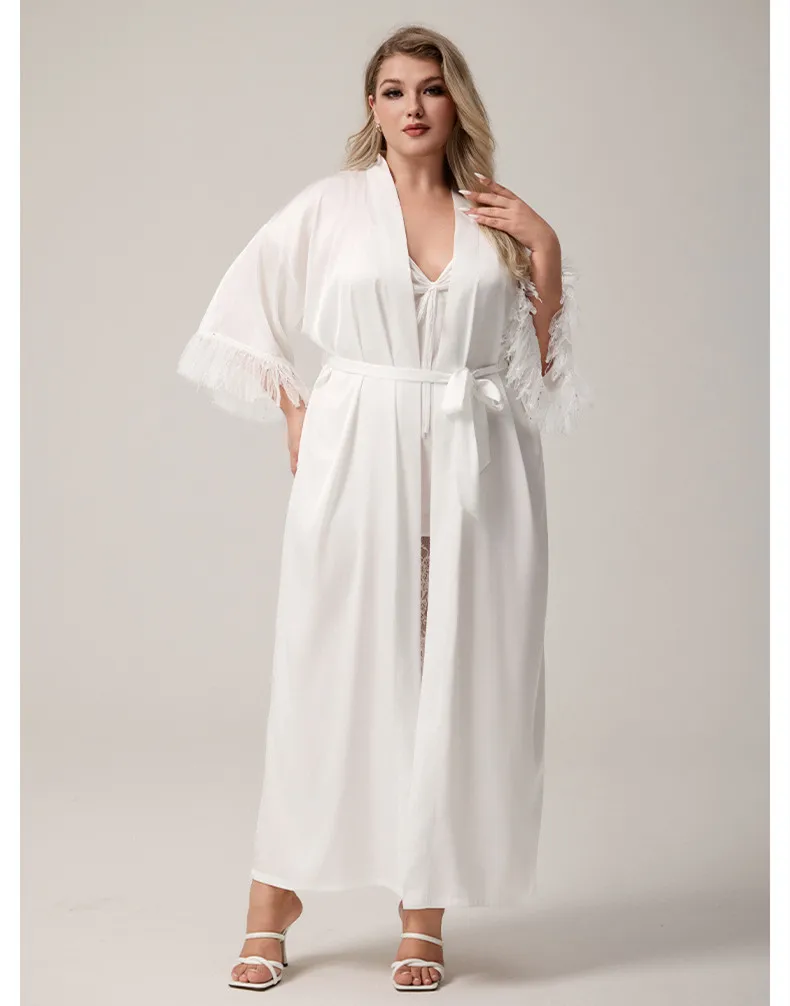 

Women's V-Neck Long Robe Spring Summer Sleepwear Elegant White Tassel Cuff Kimono Bathrobe Loose Homewear