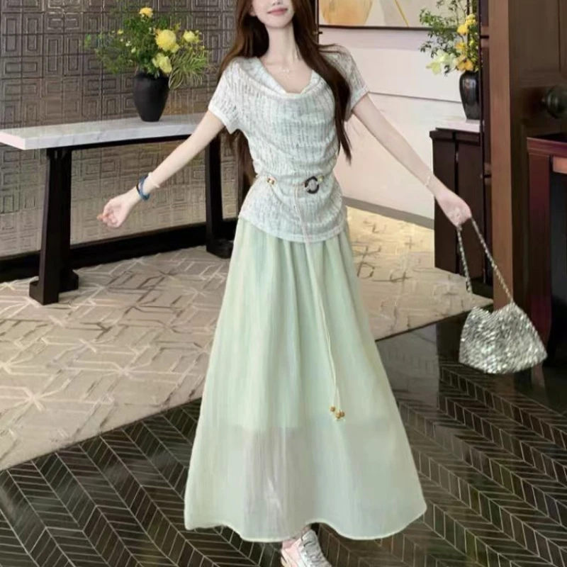 

Women's Summer New Graceful Off-Shoulder T-Shirts Sling Chiffon Dress Two Piece Suits Lady Boho Beach Travel Tops Dresses Outfit