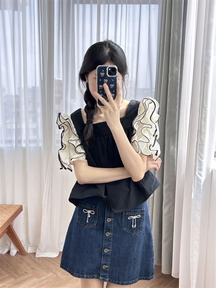 Women lace blouse Retro short sleeved shirt with gentle wood ear edge and bubble sleeve patchwork square collar Women tops