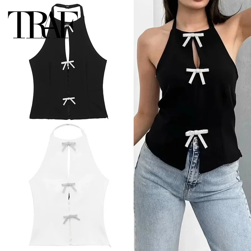 TRAF Bow Rhinestone Crop Top Women Cut Out Black White Sleeveless Backless Top Female Off Shoulder Sexy Tops Woman Summer Tops