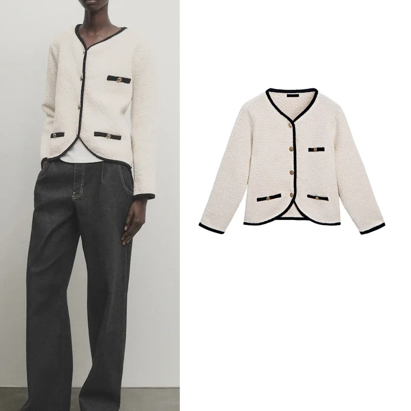 MD Women's Short V-neck Sweater Jacket Color Block Structure Ladylike Style 2024 Summer Polyester Fiber 100% Regular Sleeve