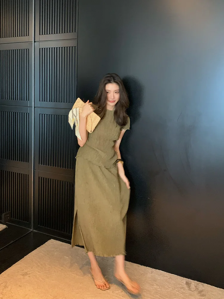 

round Ne Split Skirt Set ALONE SAVOR A2EXTZK087 Summer Faion Women's Set Student orm Work orm