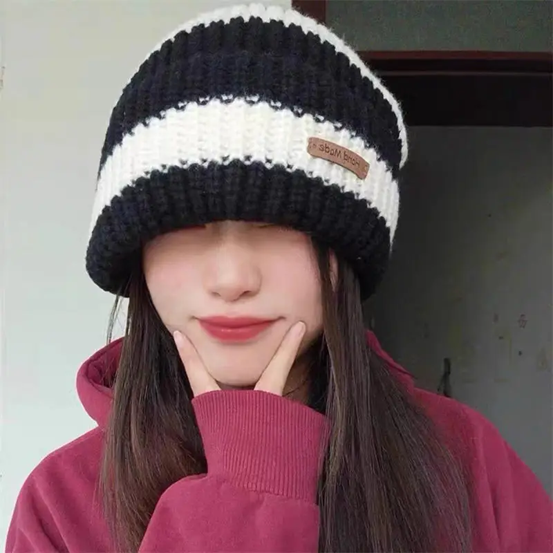 New Winter Helmet Cycling Cap Women's Striped Hat Cycling Windproof  Knitted Hat Ear Protection Trendy Loose Women's Hats